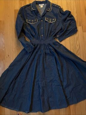 RAFAEL 80s Cowgirl Dark Blue Denim Shirt Dress with Gold Star Embroidery L